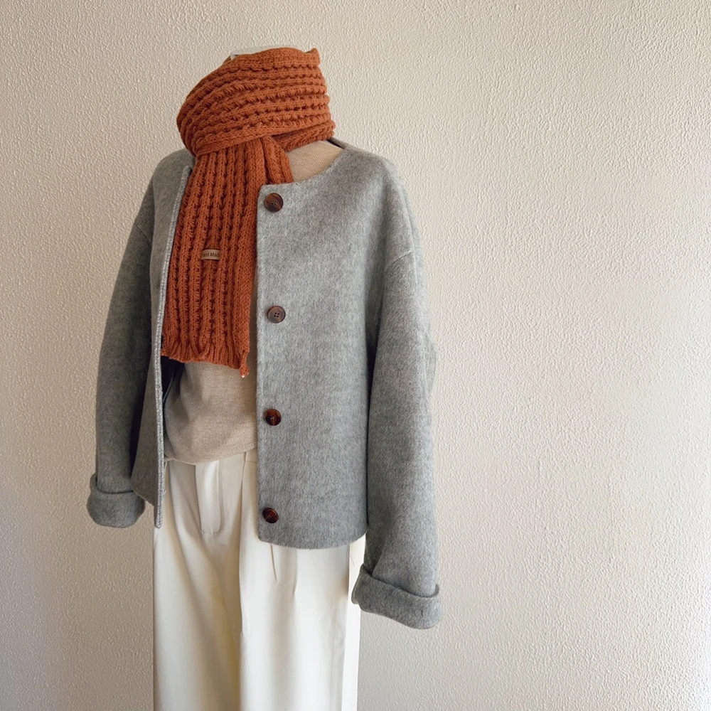 韩版简约百搭双面呢大衣外套短款075