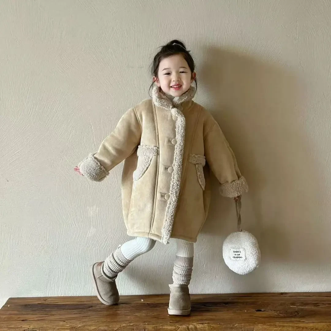 2025冬季韩版童装女童复合一体绒中长款大衣外套幼儿园外套