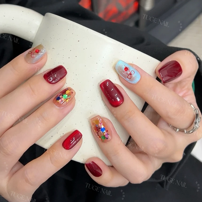 TugeNail“幸运降临”（现货）秋冬宝石鸽血红显白过年红穿戴甲TGLI