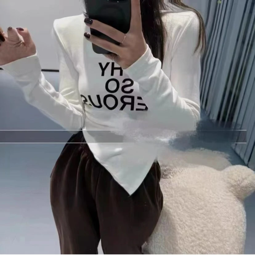 抓绒显瘦长袖字母T恤打底衫垫肩上衣