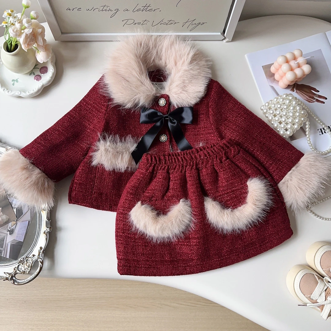 女童小香风套装冬季新款小女孩过年装毛边外套裙子两件套AWA659