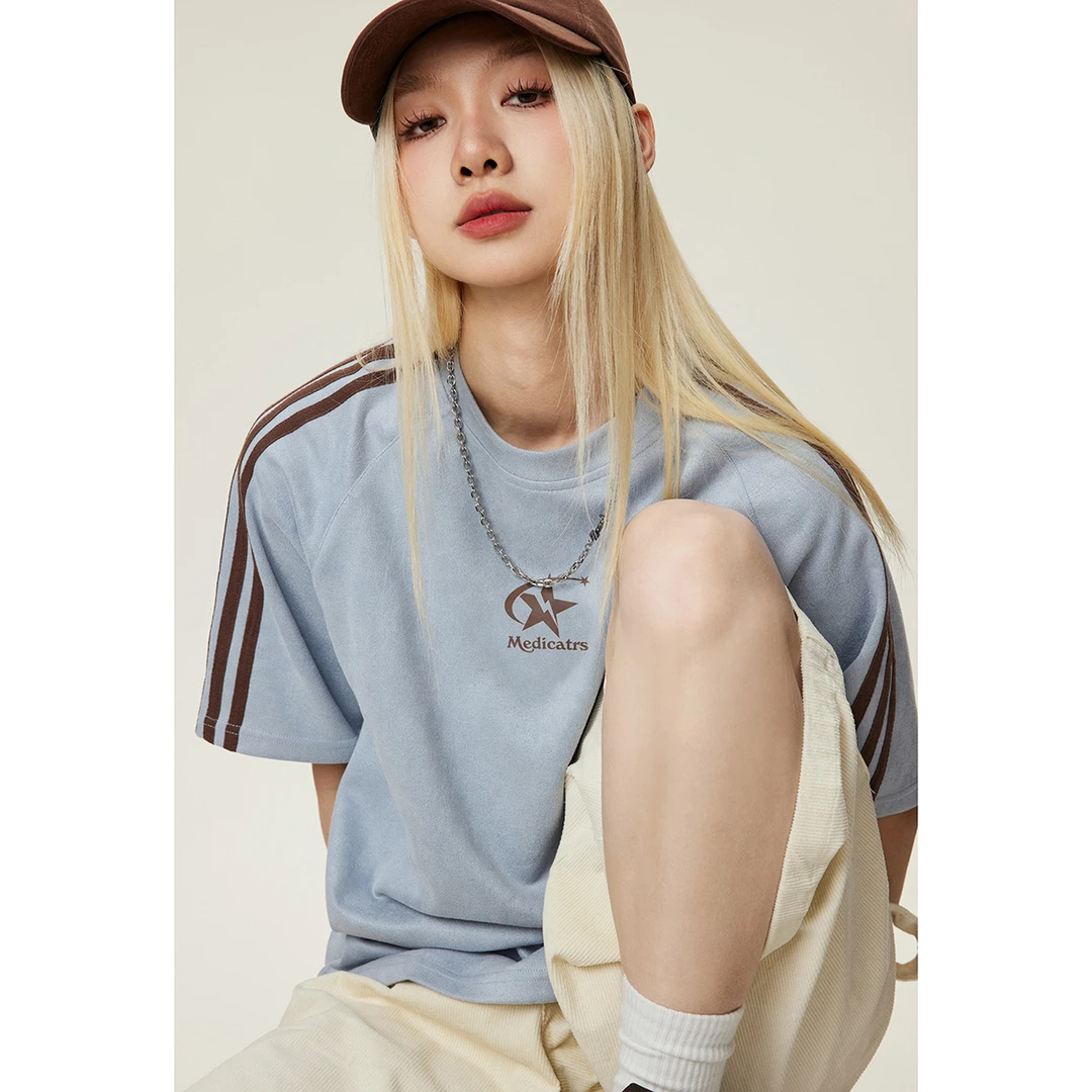 「律动莫兰迪」男生撞色拼接织带印花重磅T恤美式高街情侣宽松短袖