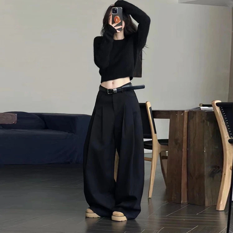 时尚套装秋冬季女士韩版洋气时髦毛针织上衣高腰休闲西装裤两件套