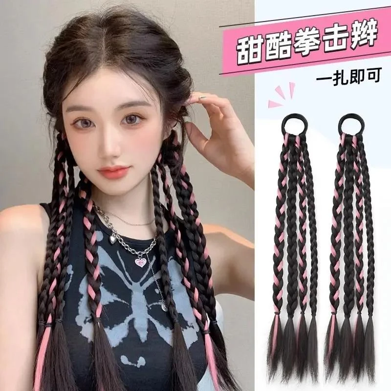 挑染辫子女马尾甜酷挑染编发麻花长辫双马尾彩色辣妹拳击辫子