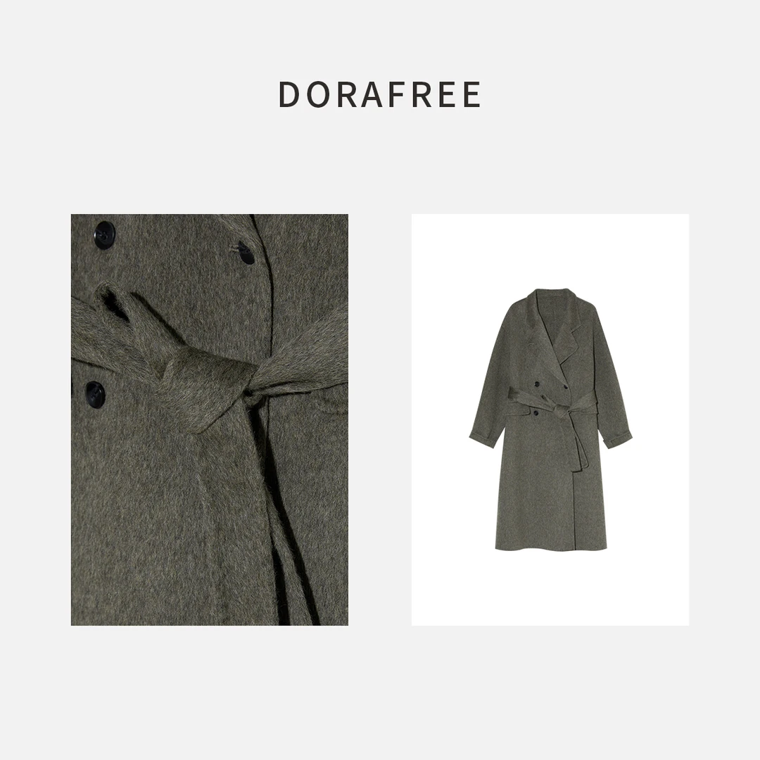 838秋冬韩版双排扣中长款修身系带双面毛呢外套