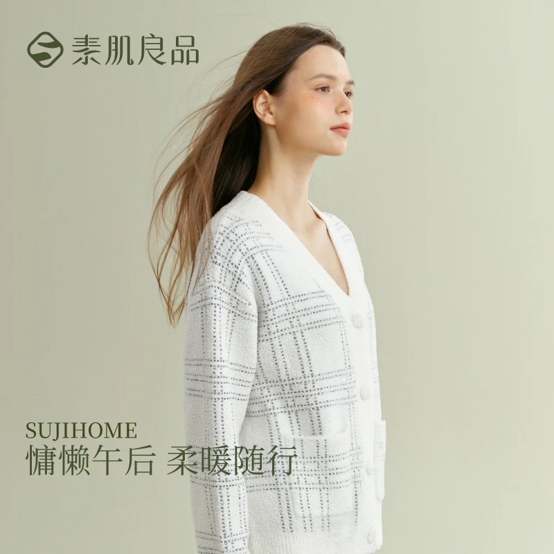 素肌良品【半边绒睡衣】女秋冬季加绒加厚情侣套装可外穿家居服ZB