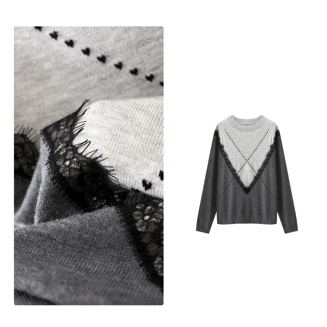 B 门店509！时髦兼备~法柜设计师版/亲肤绵羊毛蕾丝拼色针织 T3986