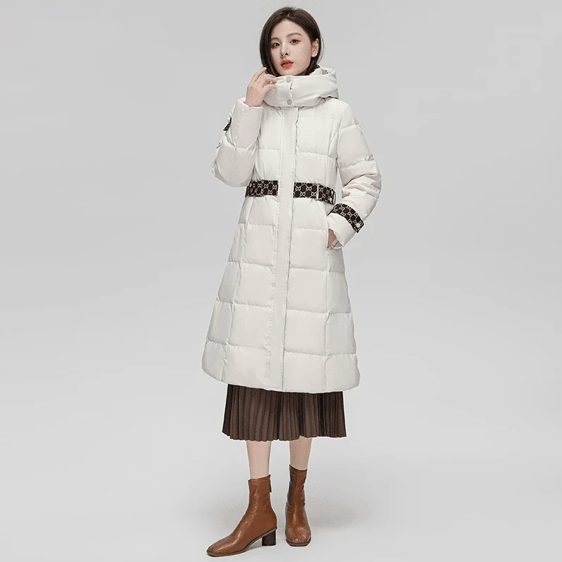 门店12&8/9！时尚撞色设计！90鸭绒~保暖中长款女式羽绒服M13329