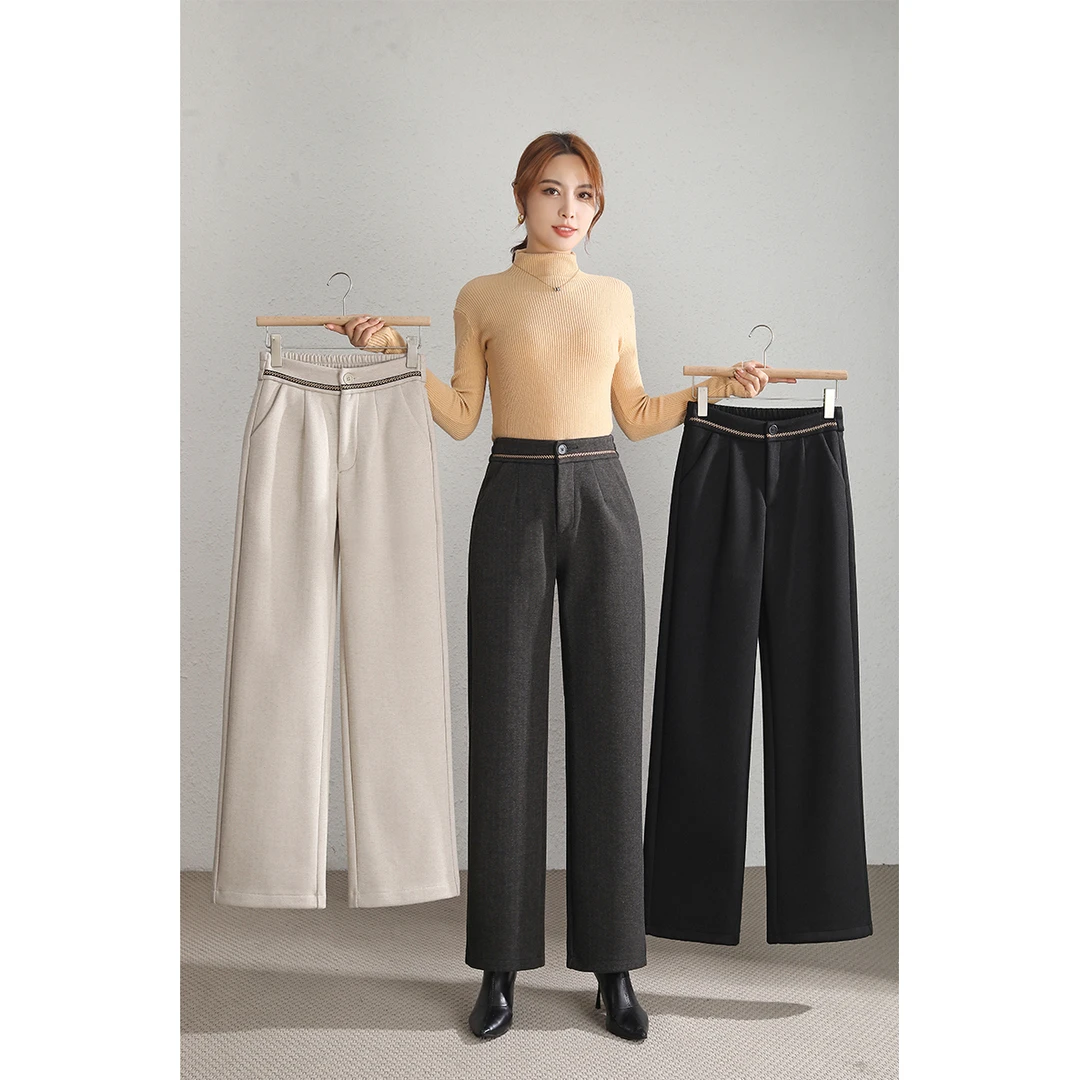 门店37&9！篙货BI入，商务休闲皆可/绵羊毛蚕丝毛呢阔腿裤女 C19443