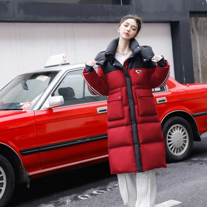 门店17&9/9！保暖且时尚！90白鸭绒~撞色百搭中长款羽绒服女 M12689