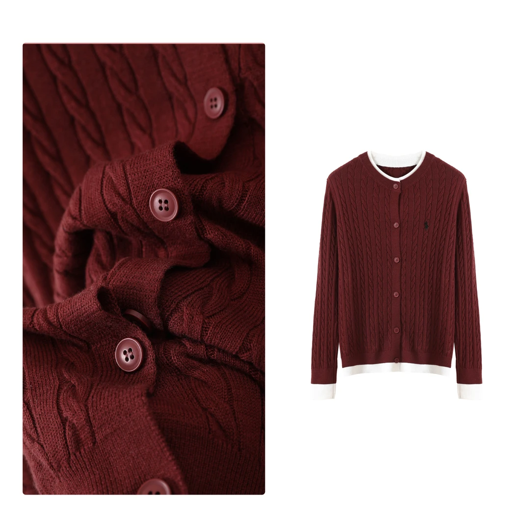 门店479！舒适休闲挂~超细绵羊毛/八节绞花假两件针织开衫 T3695