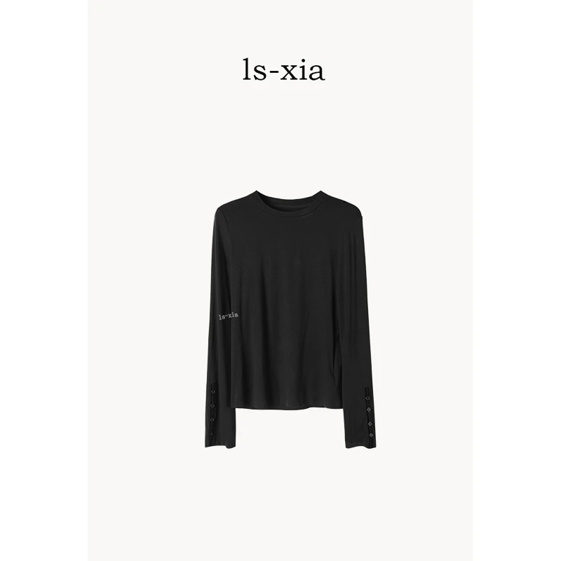 【城堡少女】2024秋冬新款轻奢舒适·丝绒拼边带扣圆领T恤