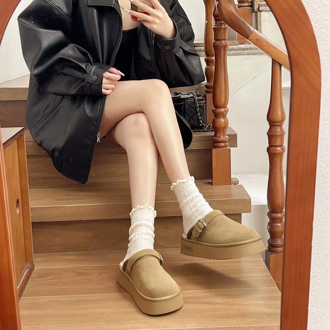 时尚百搭厚底加绒真皮勃肯包头半拖鞋女休闲懒人鞋两穿