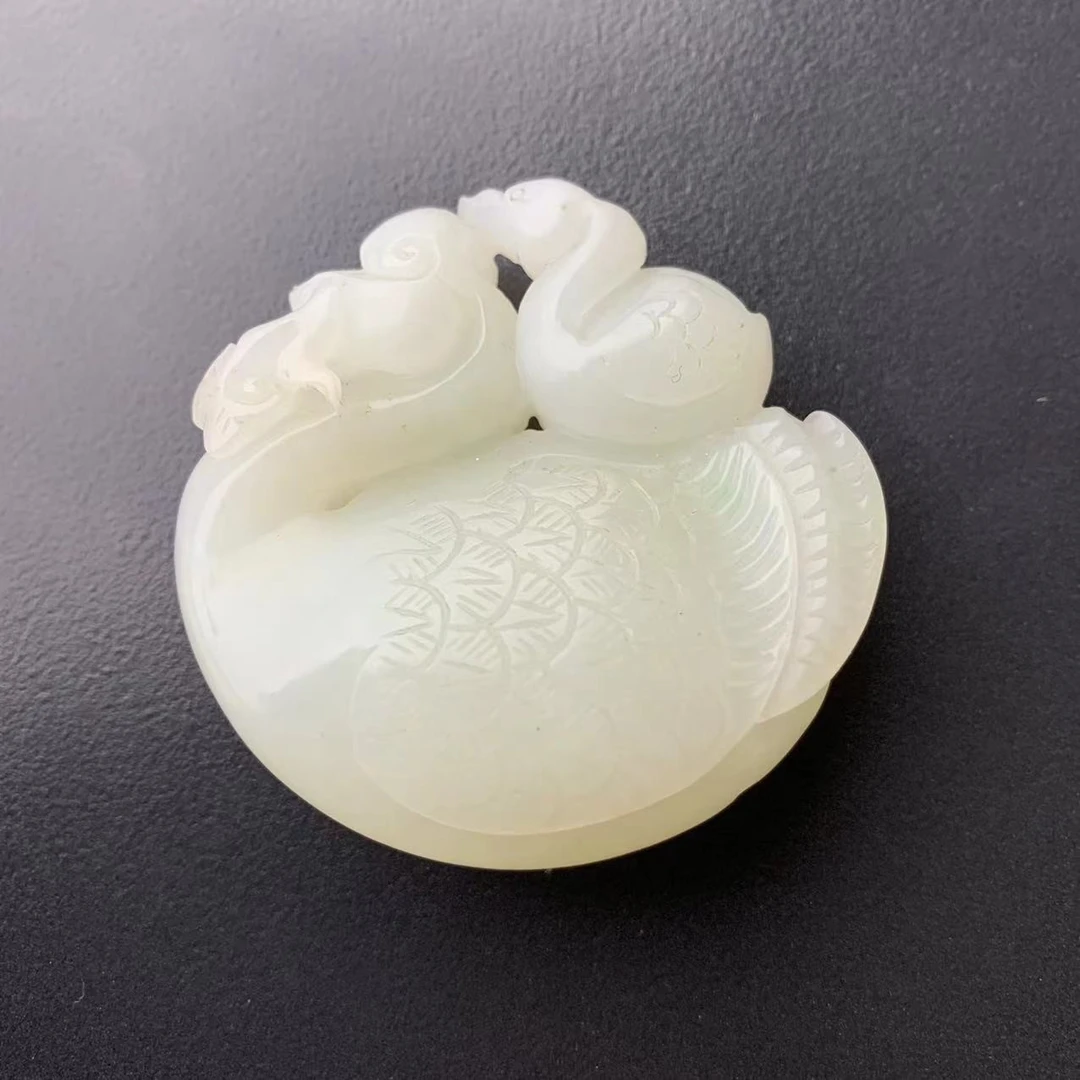 天然和田玉鹅（我）如意苏州工艺精美翠色雕工精湛母子情深带子上朝