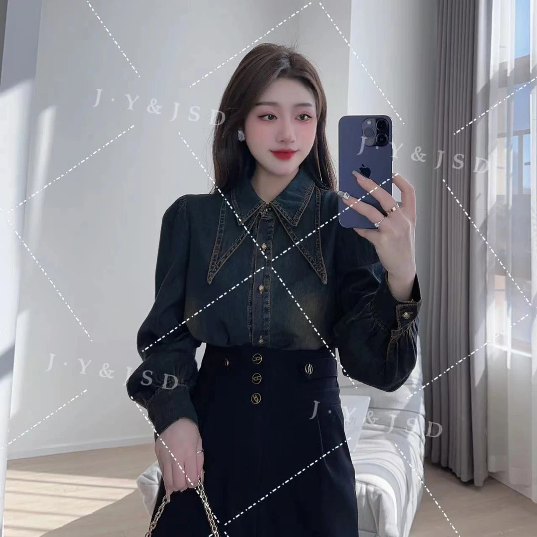 魔法佳佳【百搭牛仔】洋气百搭秋冬领结美拉德色系气质上衣z 5377