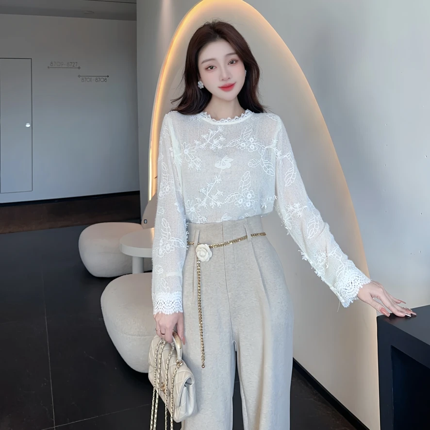 魔法佳佳【松弛蕾丝】新款国风气质百搭长袖花边镂空打底衬衫B296