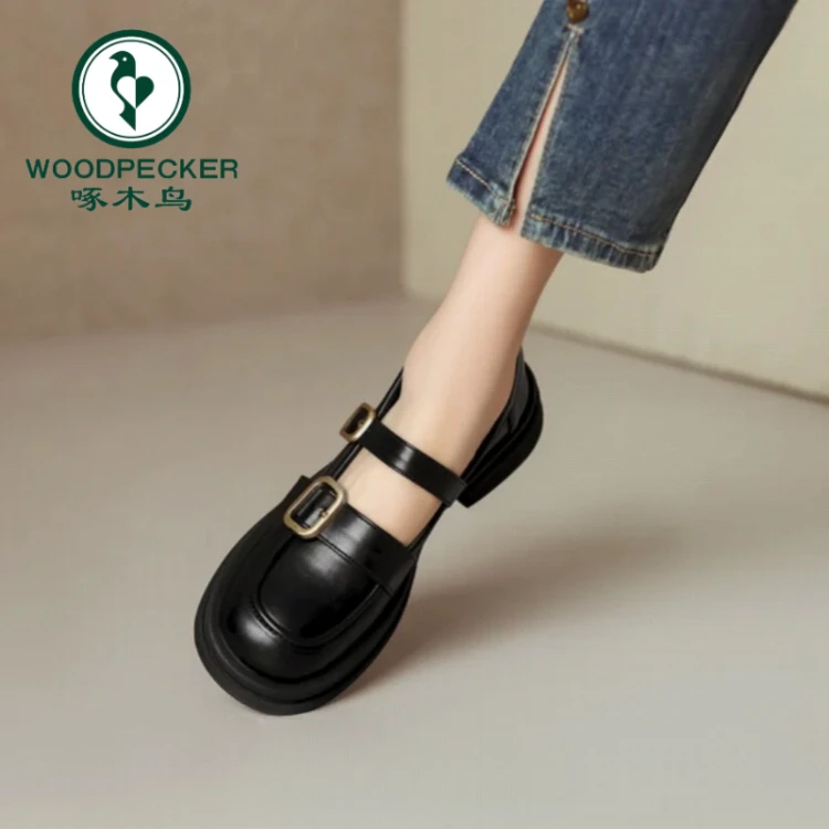 啄木鸟英伦风小皮鞋女2024新款秋冬法式黑色复古乐福鞋百搭玛丽珍