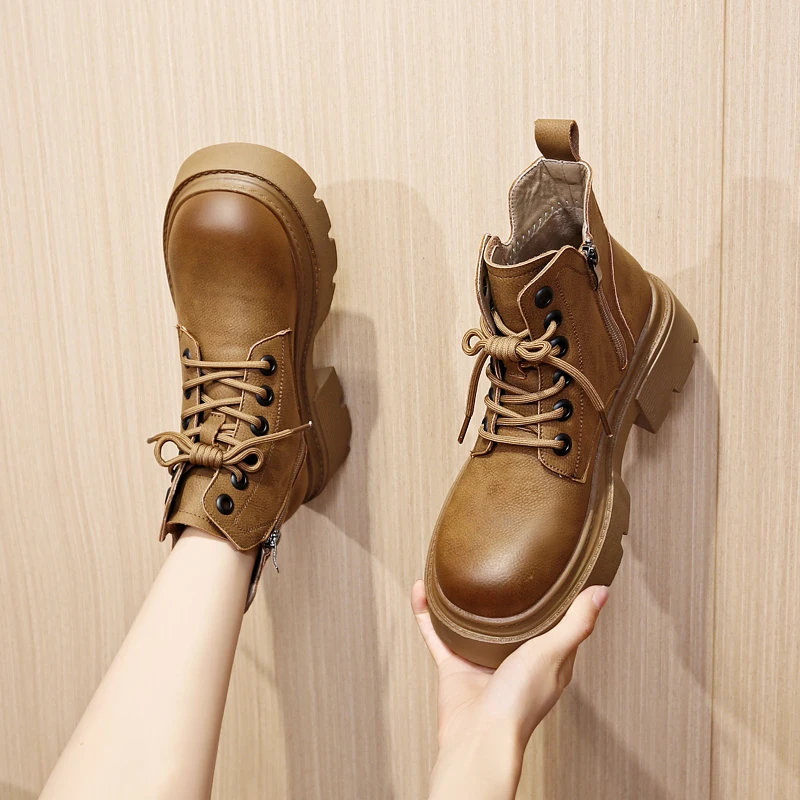 厚底英伦风爆款马丁靴女2023新款秋冬加绒时尚系带小个子显瘦短靴