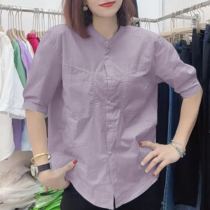 时尚棉短袖流行衬衫女夏季新款洋气减龄纯色薄款显瘦小众洋气上衣