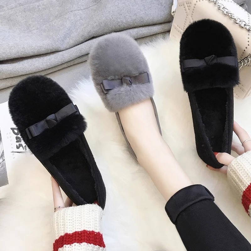 毛毛鞋女豆豆鞋女单鞋女秋冬季外穿2024年新款平底加绒棉爆款大码