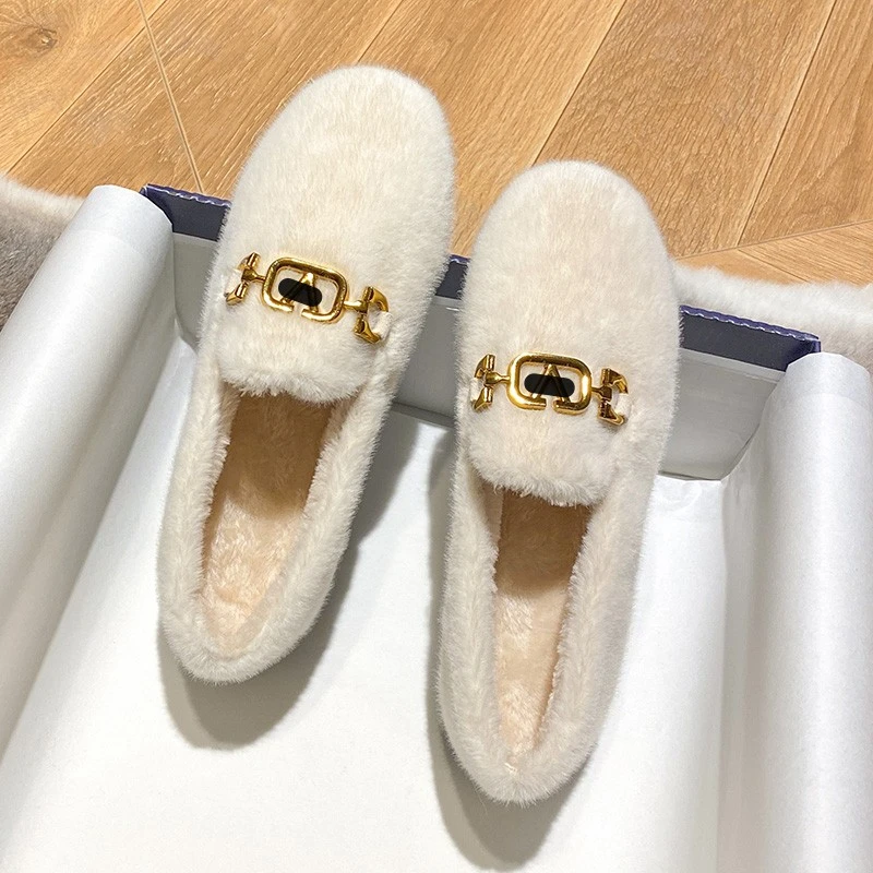 水貂绒白色毛毛鞋女2023冬季新款加绒防滑厚底豆豆鞋大码棉飘鞋43