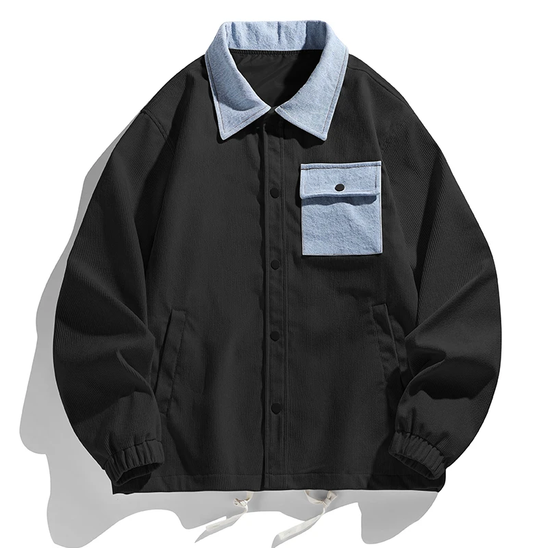【盆紫宠粉】牛仔翻领灯芯绒外套男士休闲宽松拼接