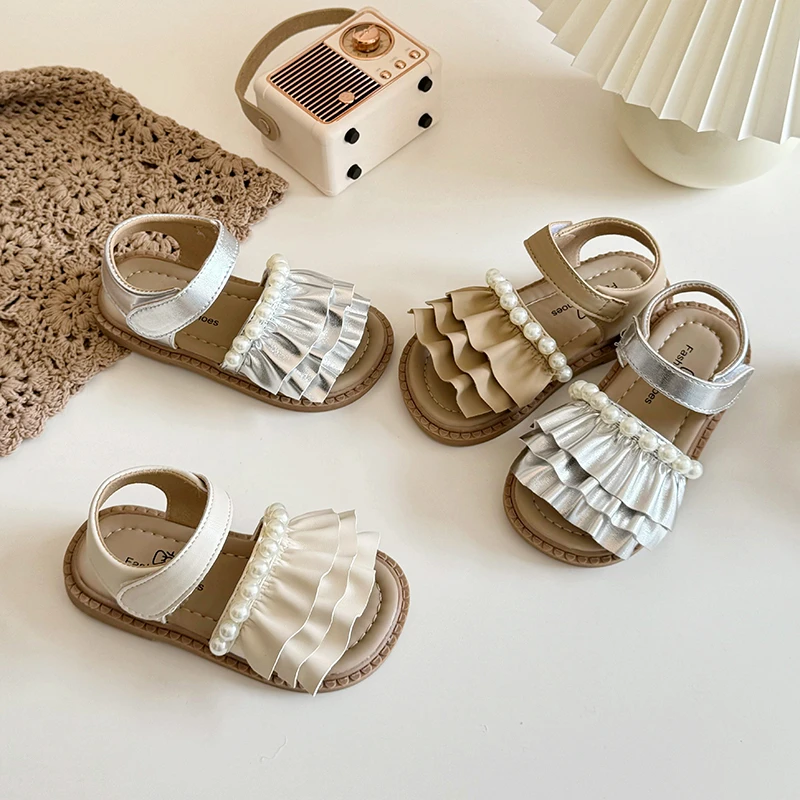 韩版女童夏季爆款小公主木耳边小裙摆珍珠凉鞋女宝轻便软底鞋XXJ