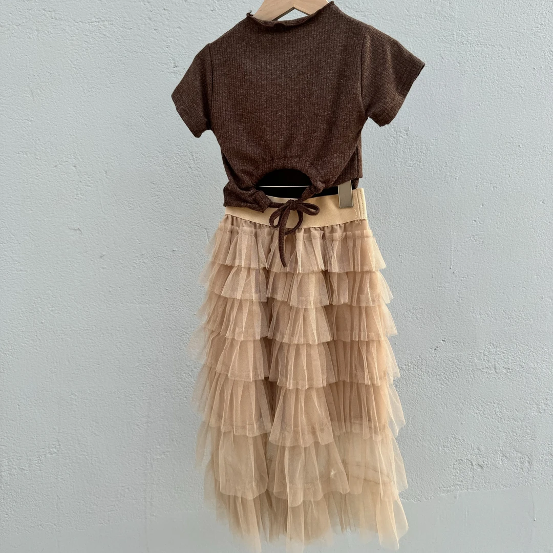 夏季新款露背T恤韩版女童蛋糕裙长纱裙小众ins风套装女宝两件套KW