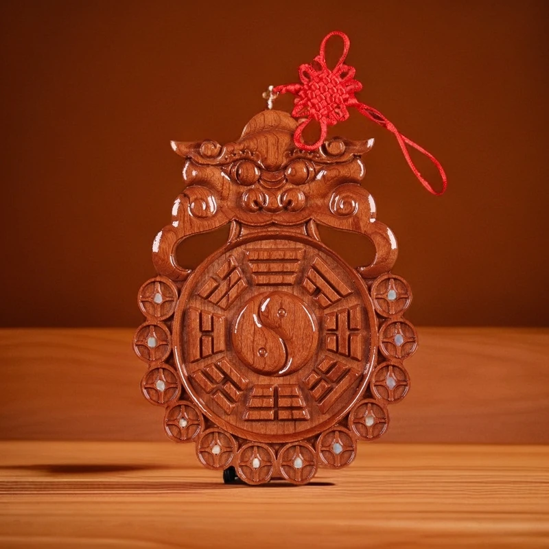正宗纯桃木兽头八卦镜虎头挂件入户门卧室厨房卫生间车载五帝钱
