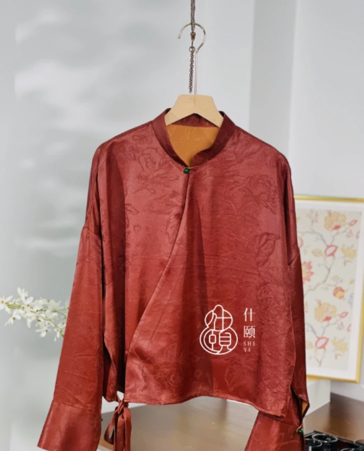 【非遗面料商品】牡丹纹红云纱立领斜襟上衣