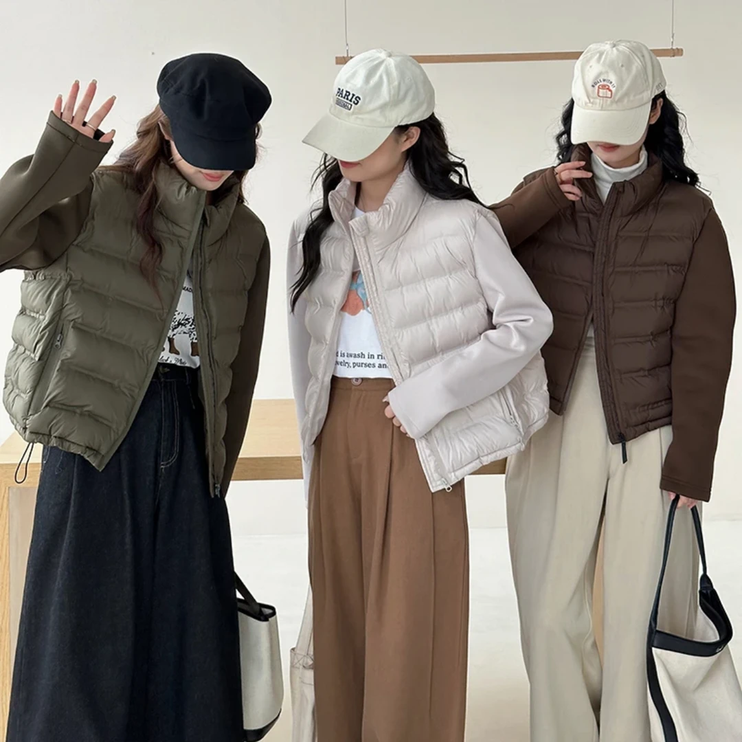 2024秋冬新款羽绒棉服女夹克拼接立领棉衣百搭小个子轻薄棉袄外套