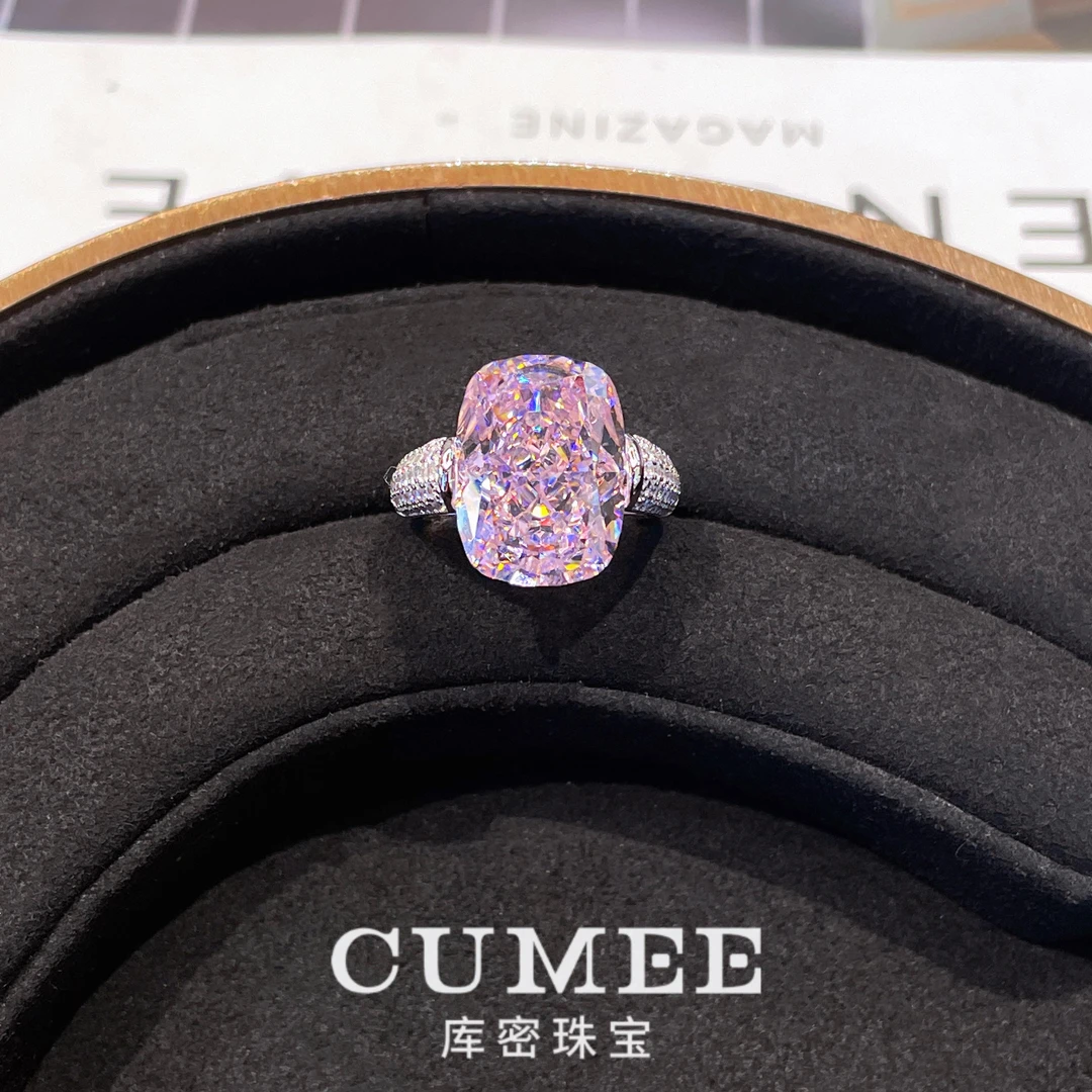 Cumee 925银戒指 大克拉14卡樱花粉简约高级人工粉钻戒指.银镀金