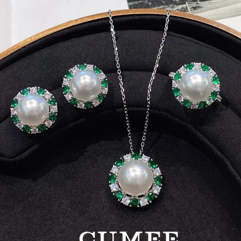 Cumee 吊坠925银仿珍珠 经典围镶圆润白光珠戒指吊坠耳钉.银镀金