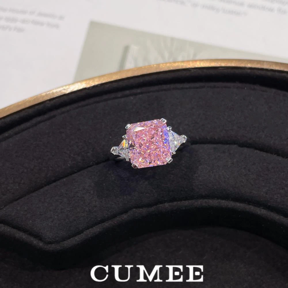 925银戒指 三石大小克拉奢华粉红色高火彩高碳钻戒指