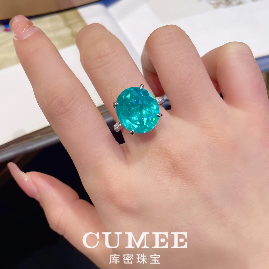 Cumee 925银戒指 豪华简约时尚大克拉合成帕拉伊巴色戒指 银镀金