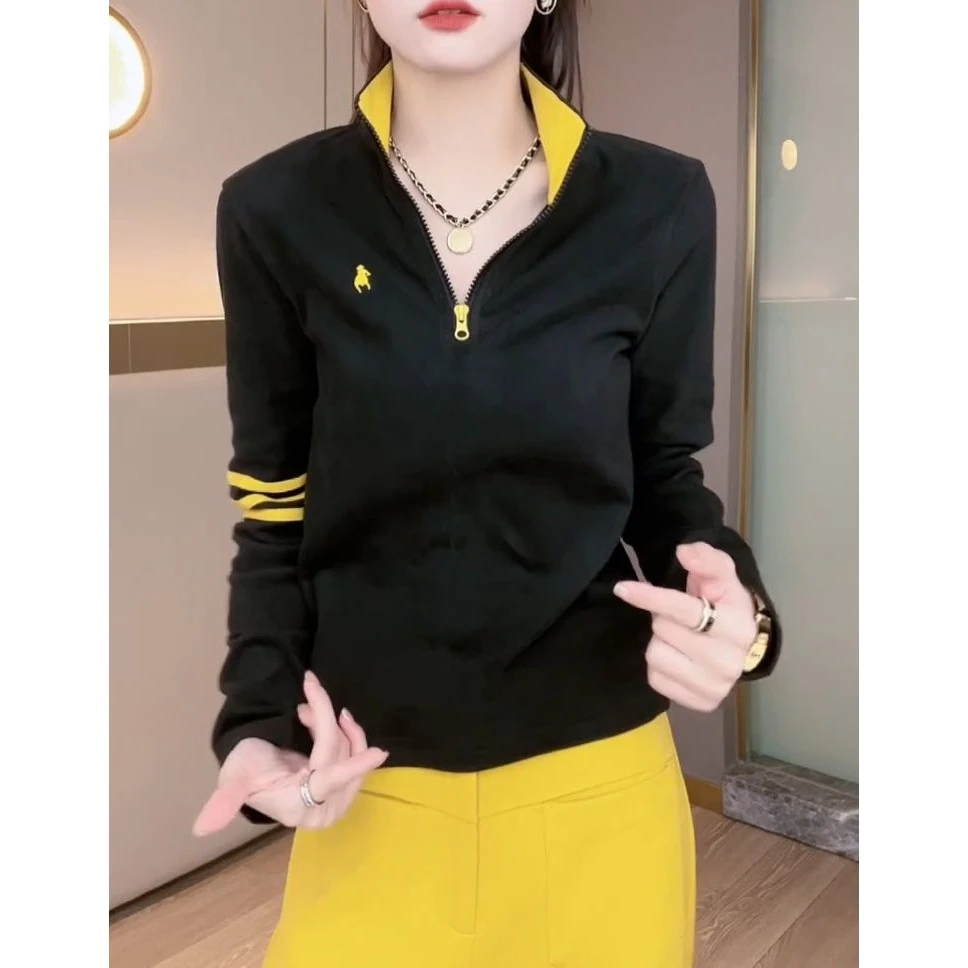 撞色半拉链高领长袖t恤女2025年新款秋季打底衫时尚减龄百搭上衣