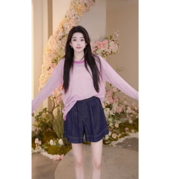 Basic House/百家好尤莱特【浪漫】长袖条纹针织衫 B0824B57712