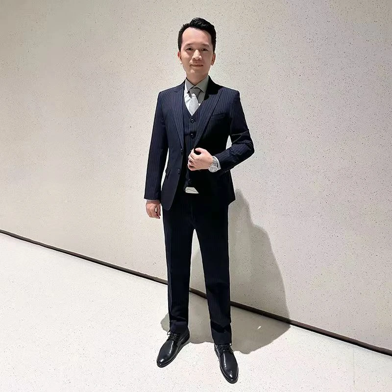 竖条纹时尚帅气西装男士新郎结婚礼服韩版修身商务休闲西服职业