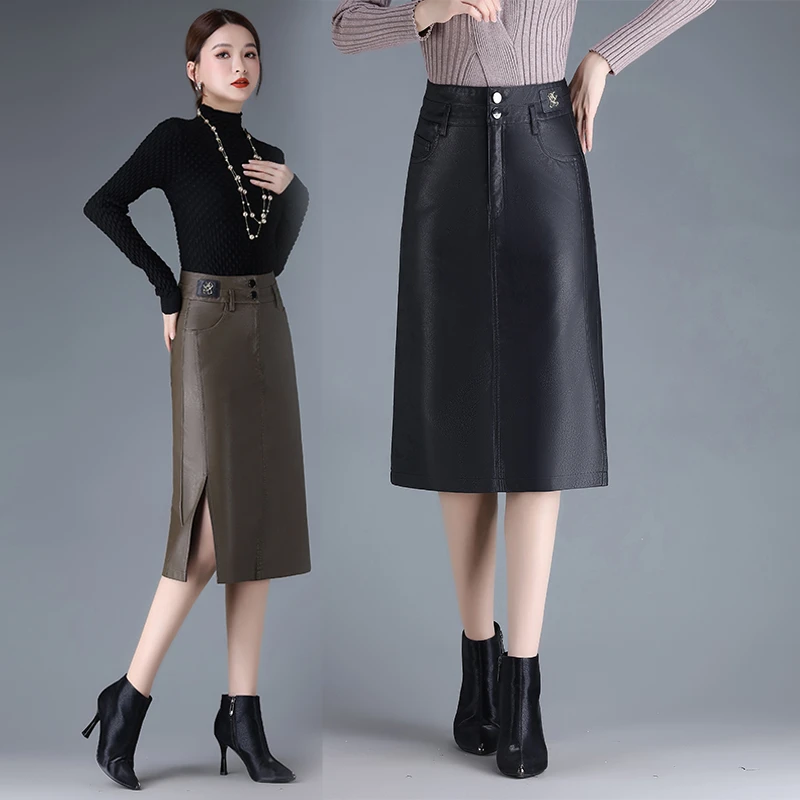 皮裙半身裙女中长款2023春秋冬新款高腰显瘦A字一步大码包臀裙子