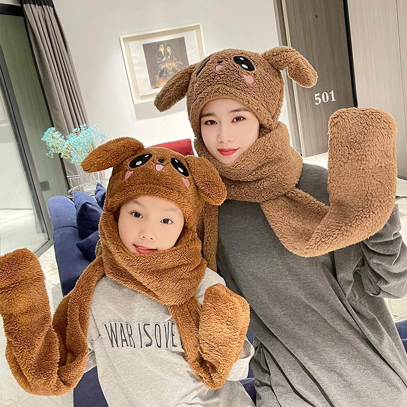 冬天儿童帽子冬季围巾围脖手套一体女童宝宝兔子耳朵会动的毛绒帽