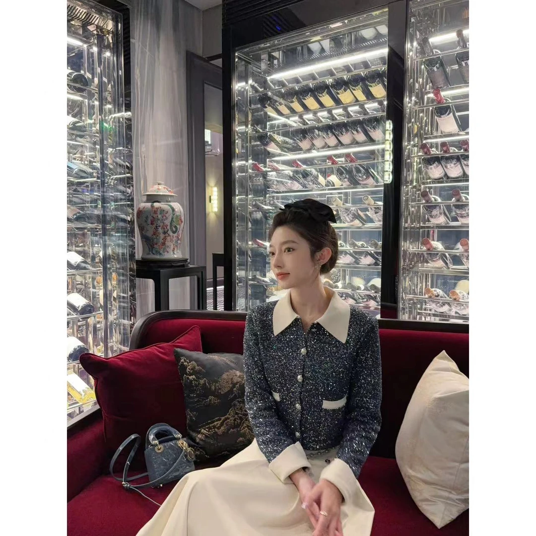 宋仁何3月6号晚上7点开播【璀璨星空】翻领撞色亮片针织开衫