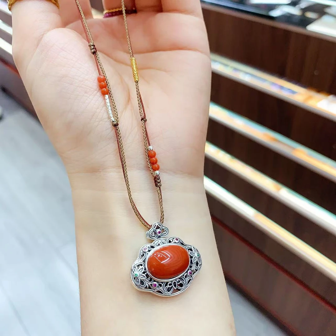 吊坠925银布艺 s925银祥云大锁南南珠项链 YQ 101620