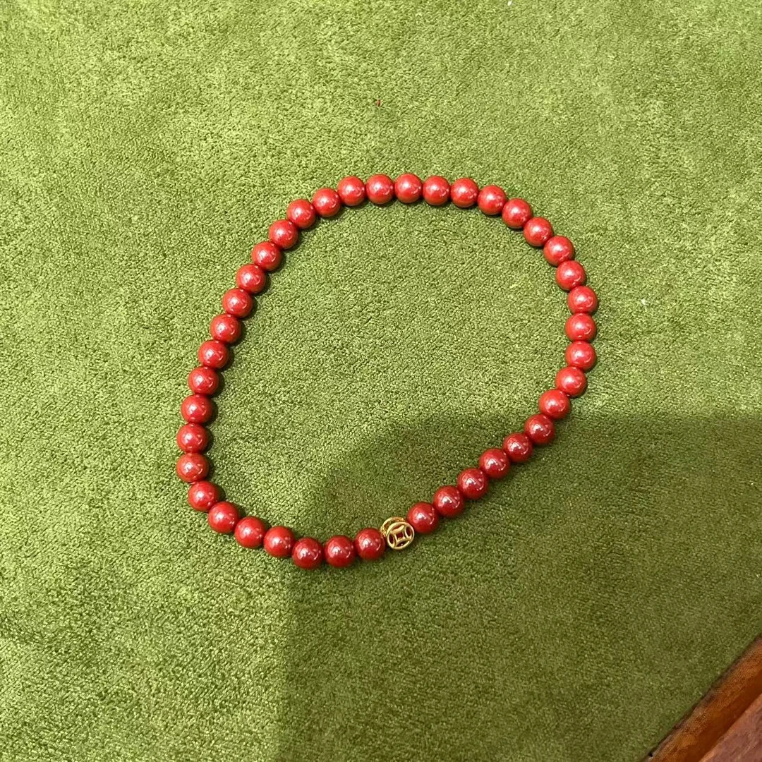 辰砂（处理）朱砂水飞砂配s925银小钱币4mm手串ZS110424