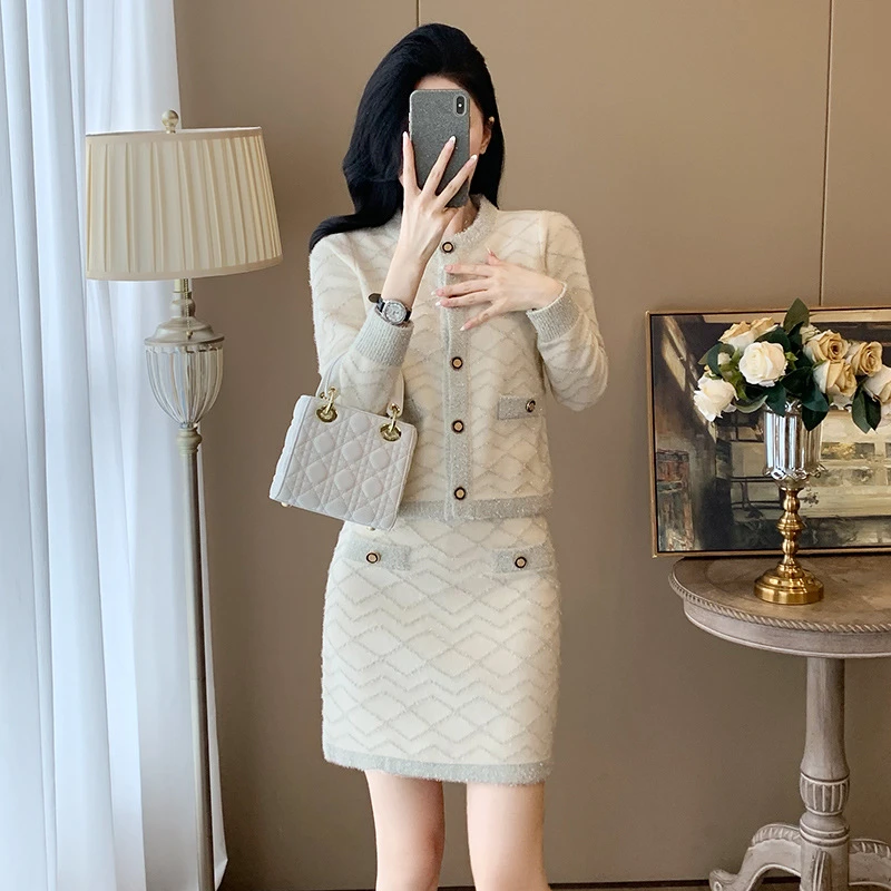 名媛气质小香风时尚休闲套装女秋冬法式针织开衫针织两件套装裙子