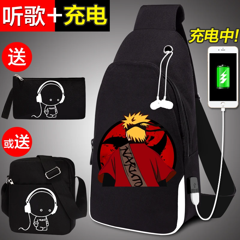 火影忍者漩涡鸣人胸包男潮牌斜肩小背包帆布斜跨单肩包学生斜挎包