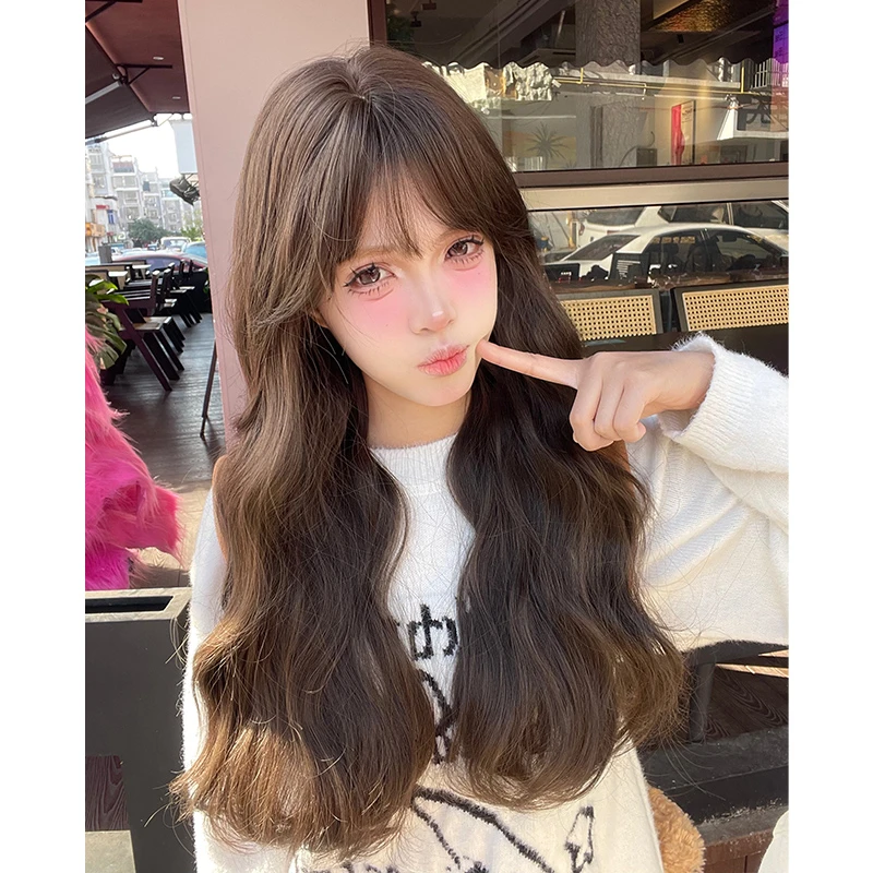 一口喵假发女日常网红长卷发自然新款甜美可爱逼真齐刘海全头套式
