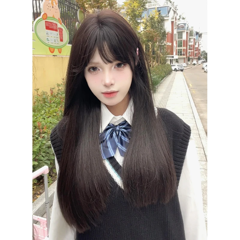 一口喵假发女日常网红长直发新款自然逼真齐刘海甜美可爱全头套式