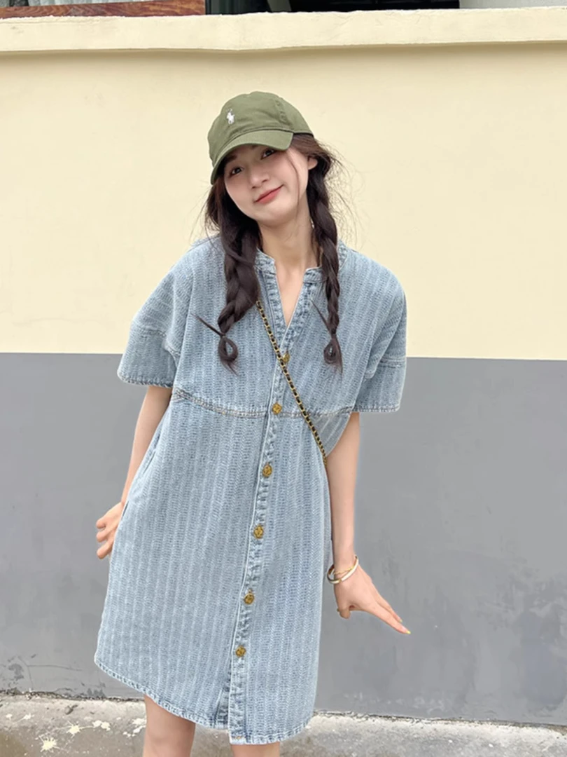 休闲条纹牛仔连衣裙女夏季2024新款小个子梨形身材微胖遮肉衬衫裙