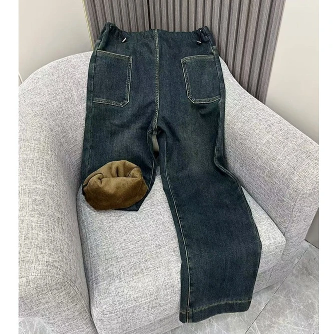 孕妇阔腿裤子2024新款高弹力牛仔裤秋冬加绒抽绳宽松百搭直筒长裤