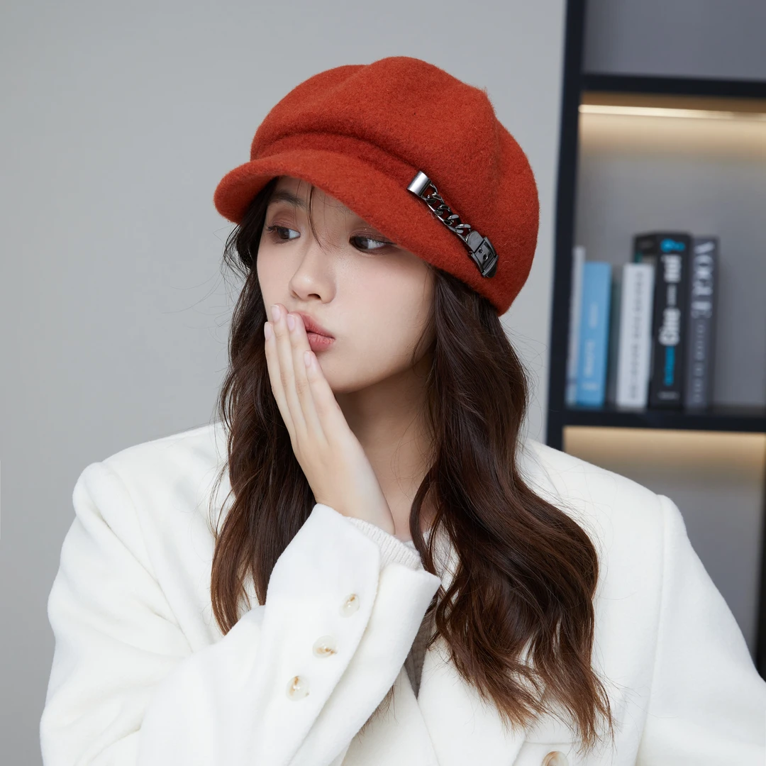 日系ins时尚百搭甜酷金属链扣八角帽女春秋韩版鸭舌贝雷帽画家帽